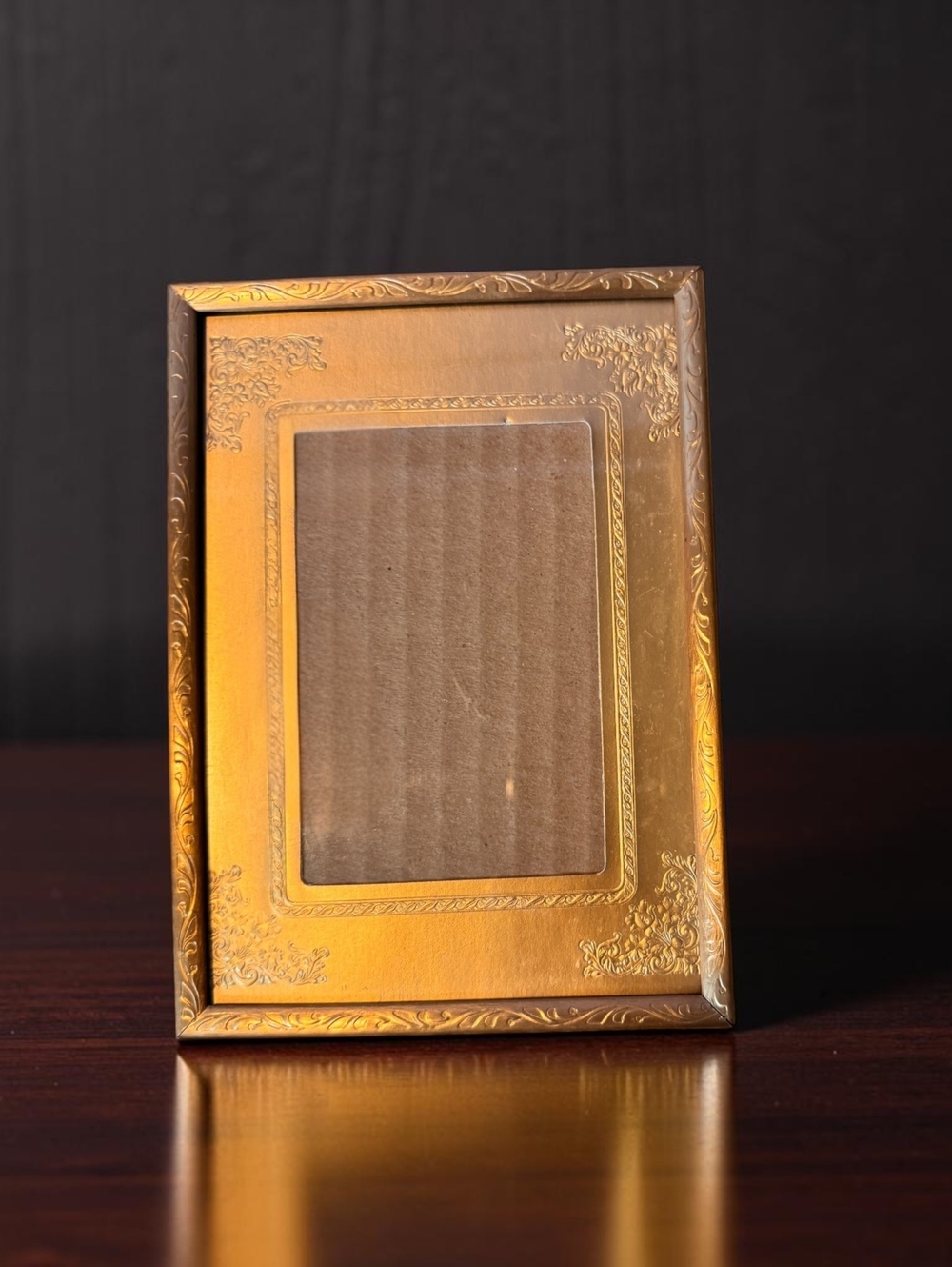Vintage Hollywood Regency Brass Picture Frame with Ornate Embossed Details, 5x7